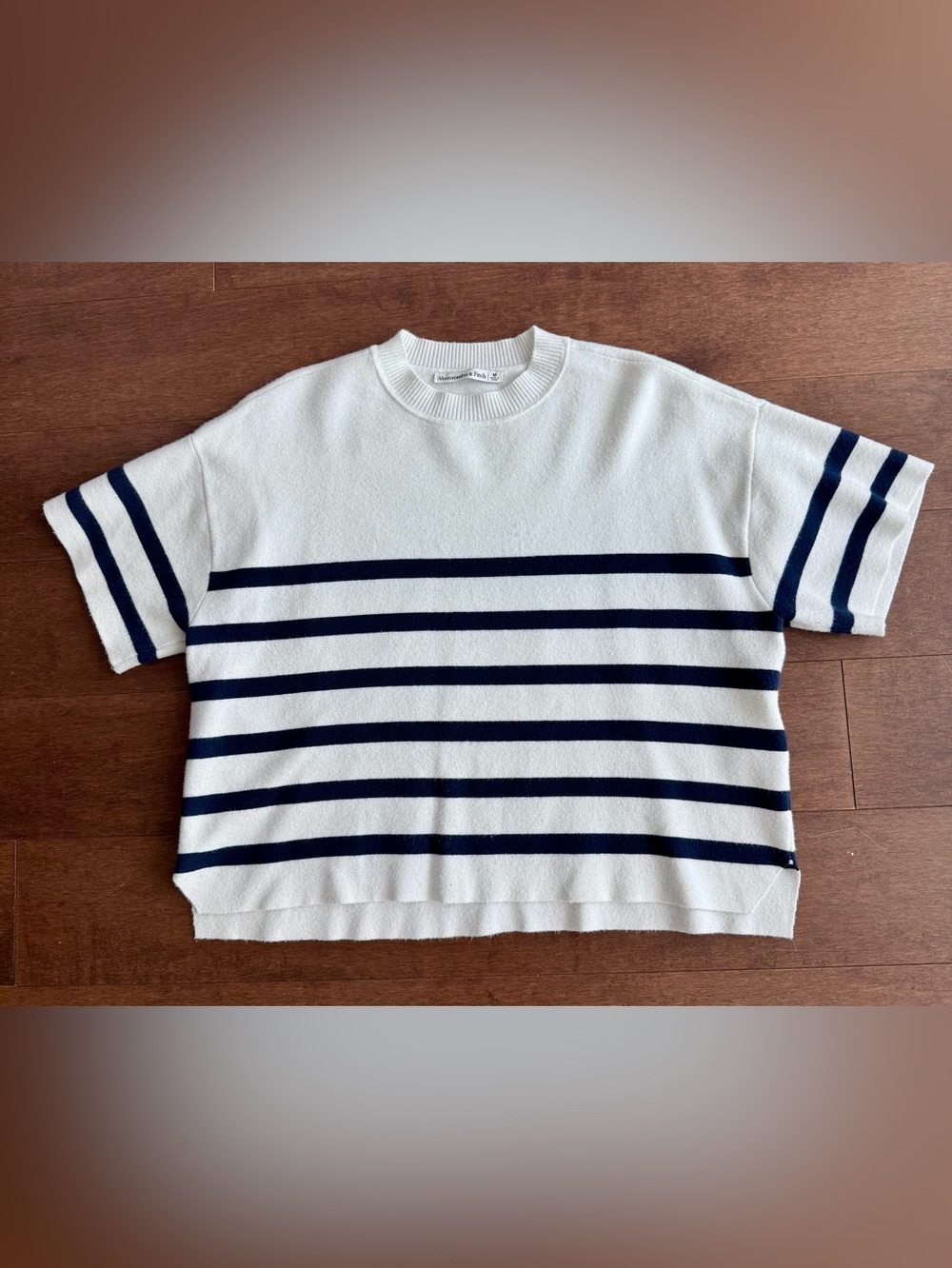 Abercrombie & Fitch Striped Short-Sleeve Knit Top — White with Navy Stripes